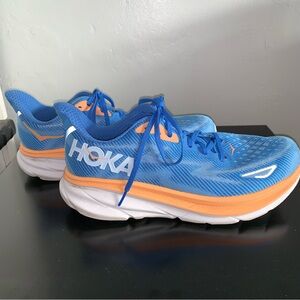 Hoka Clifton 9 Blue and Orange Athletic Shoes